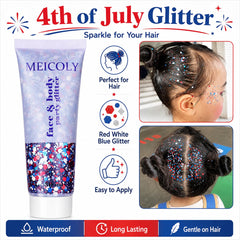 MEICOLY applied in hair creating red white blue stripes for bold accents