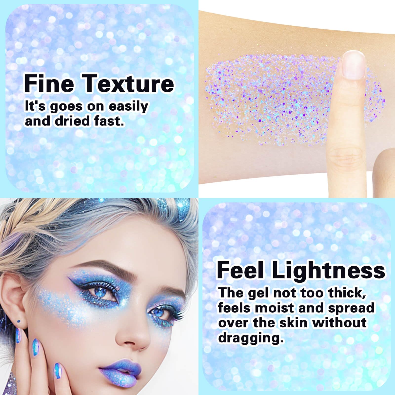 MEICOLY glitter swept through hair roots, creating luminous highlights for stage-ready looks