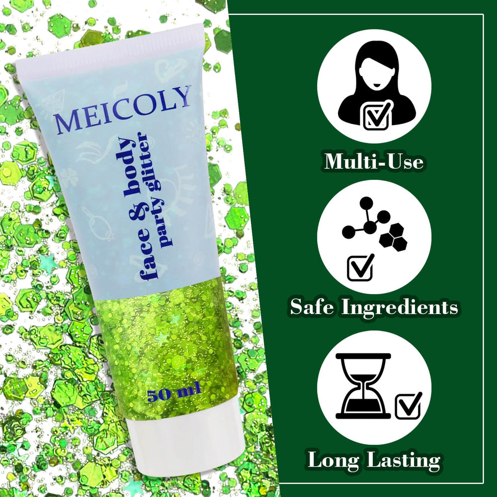 MEICOLY glitter along hairline showing green shine and quick styling benefit