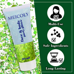 MEICOLY glitter along hairline showing green shine and quick styling benefit