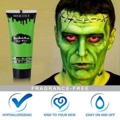 MEICOLY half-face cosplay look showing dramatic green effect benefit