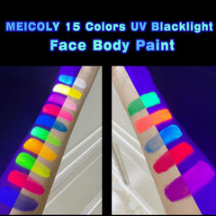 MEICOLY festival look on model showing vibrant UV-reactive body art