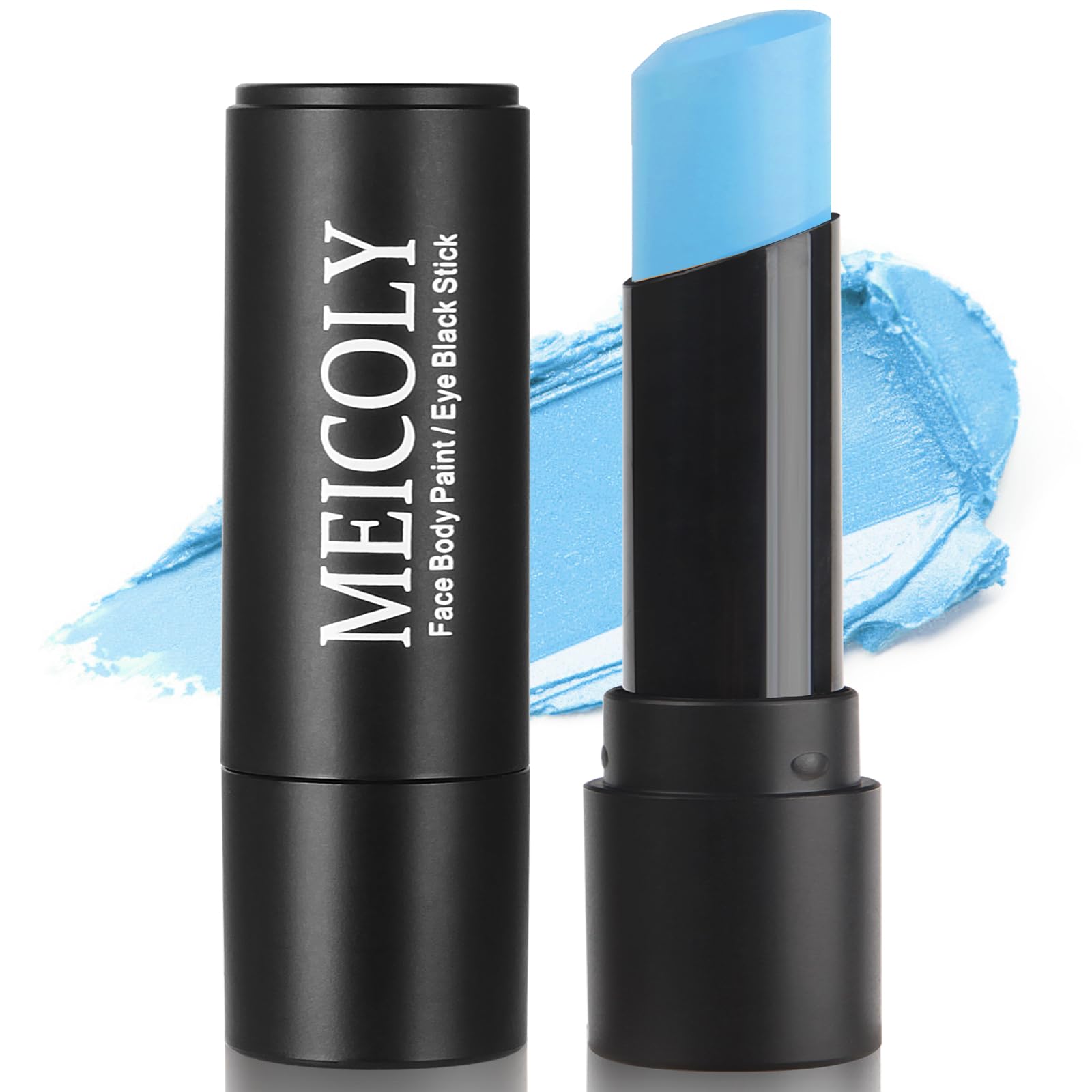 MEICOLY front view of pale blue eye black stick showing shape and cap protection