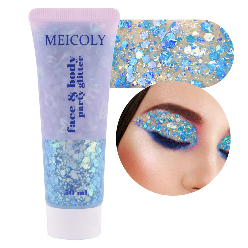 MEICOLY front tube showing mermaid-blue glitter gel and easy dispensing