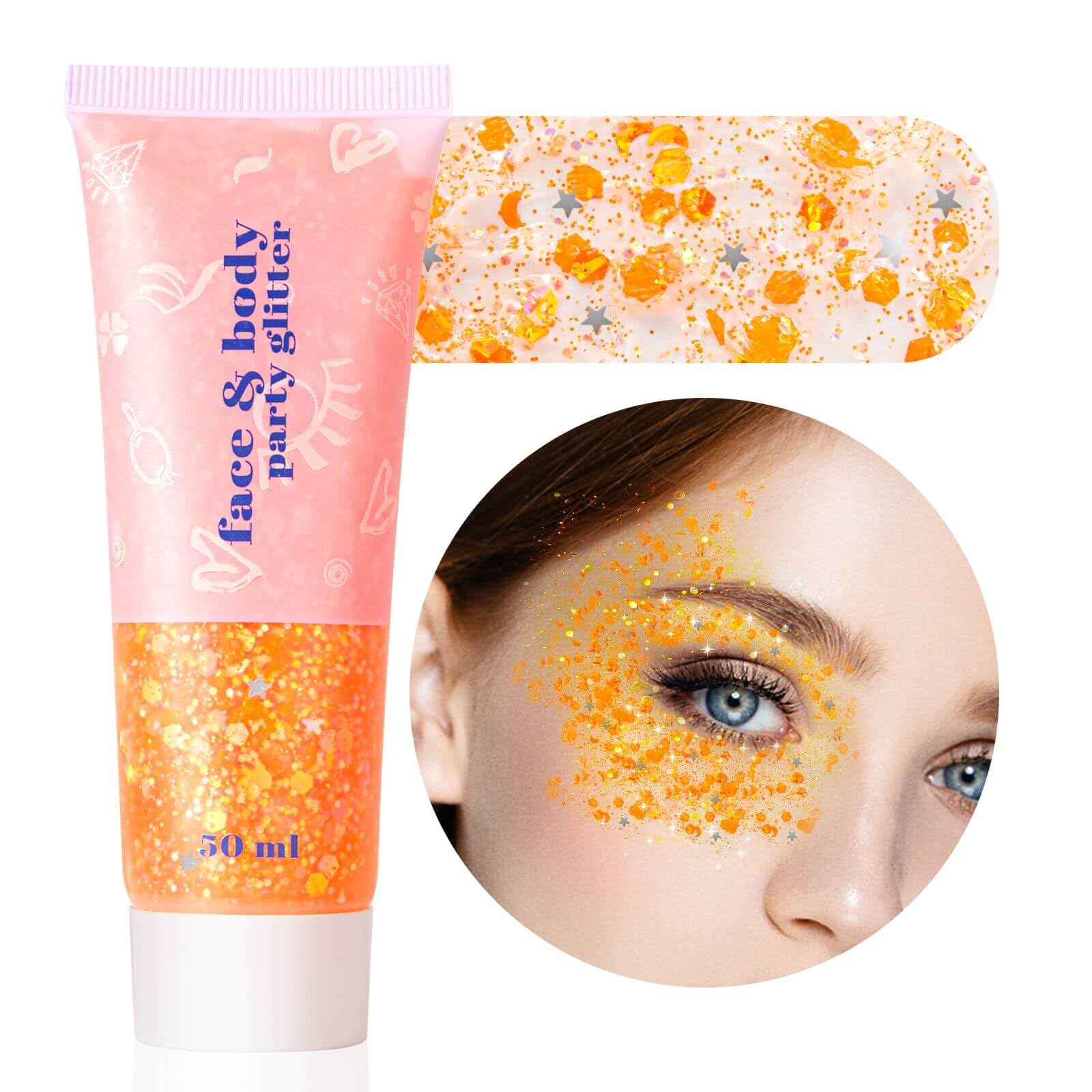 MEICOLY orange body glitter front packaging shows product and 50ml benefit