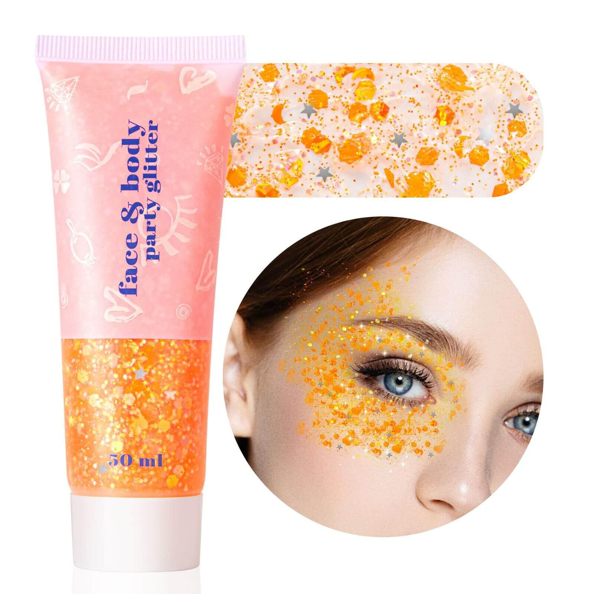 MEICOLY orange body glitter front packaging shows product and 50ml benefit