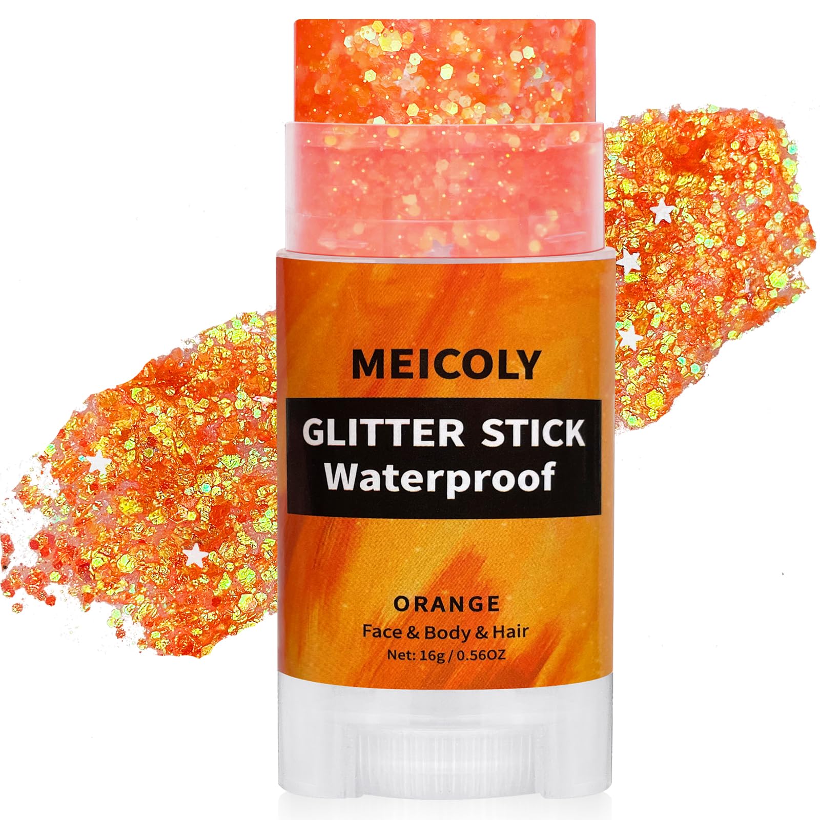 MEICOLY front packaging showing orange glitter stick for easy carry and party use