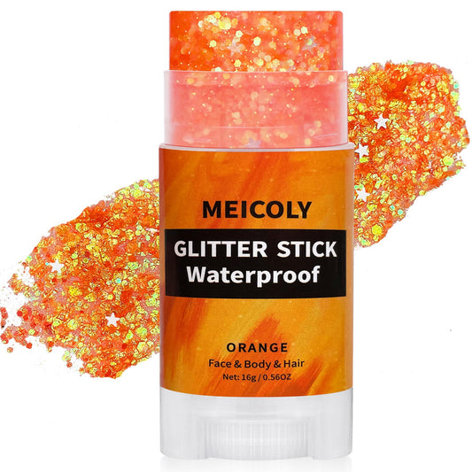 MEICOLY front packaging showing orange glitter stick for easy carry and party use