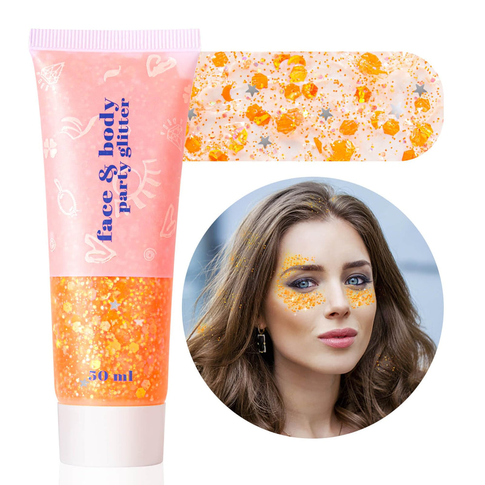 MEICOLY worn at party showing bold orange glitter attracting attention
