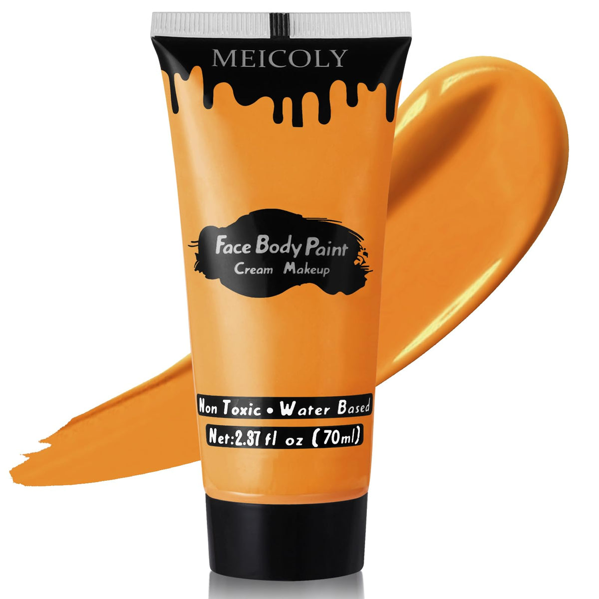 MEICOLY orange tube front showing bold color and tube label benefit: clear branding