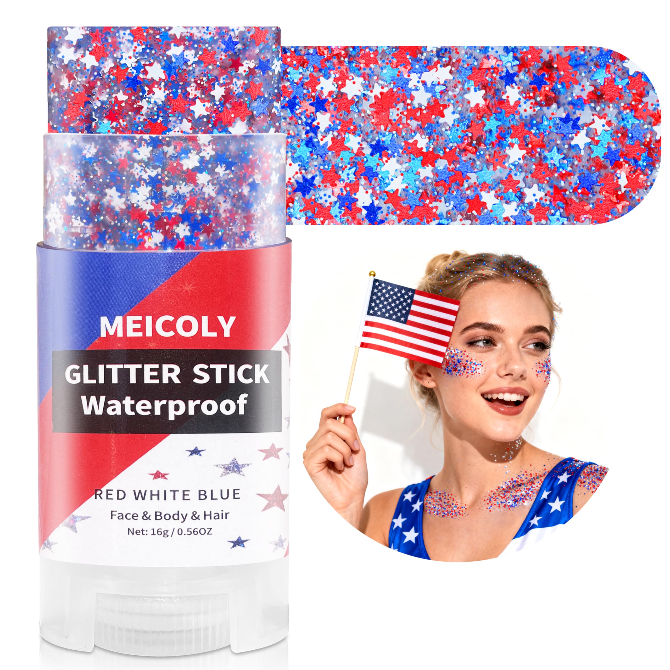 MEICOLY packaged flatlay with patriotic props showing ready-to-wear celebration styling
