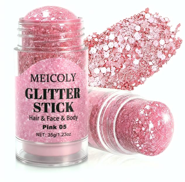 MEICOLY front packaging showing pink holographic glitter stick and benefits