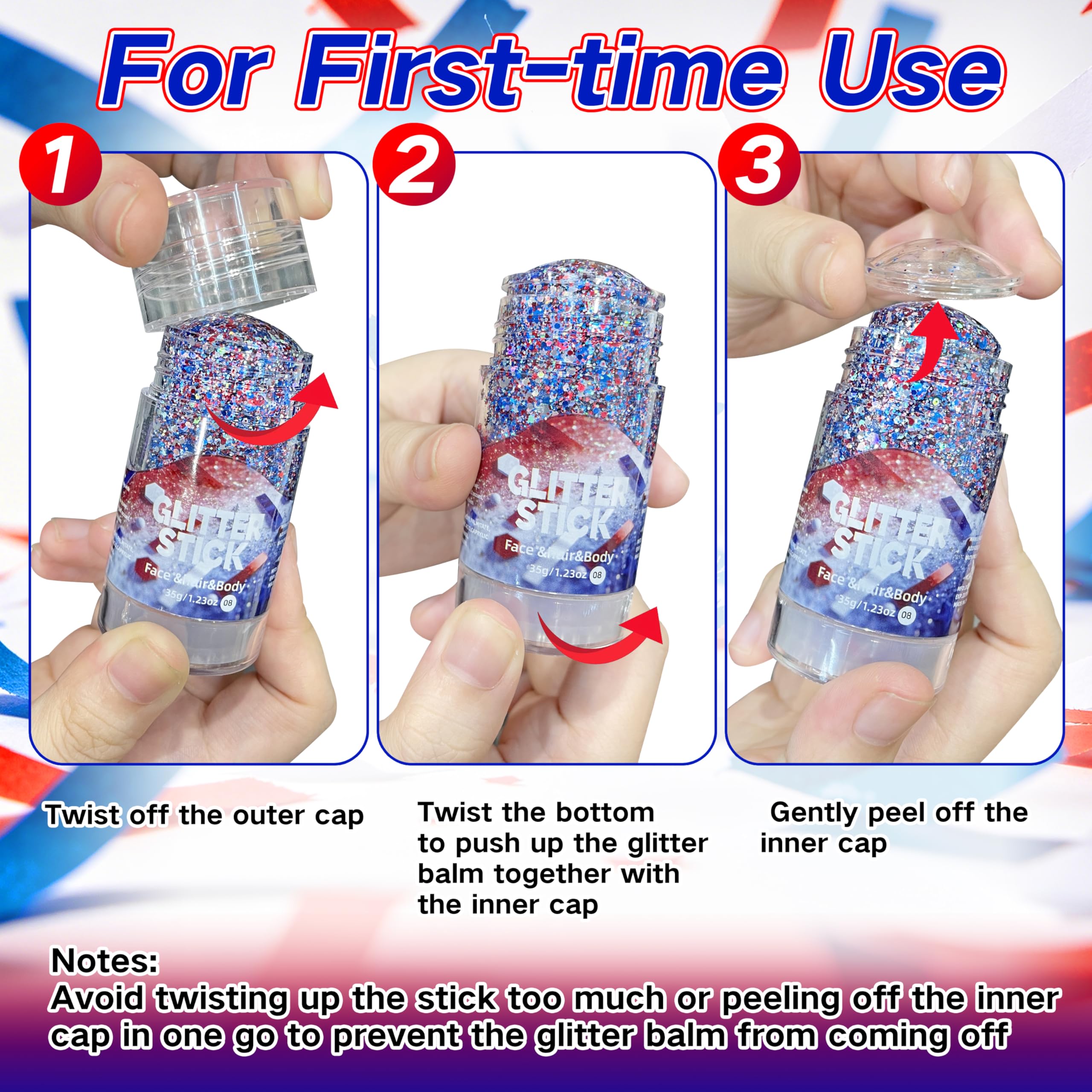 MEICOLY red white blue glitter swiped on arm demonstrating bold tri-color payoff
