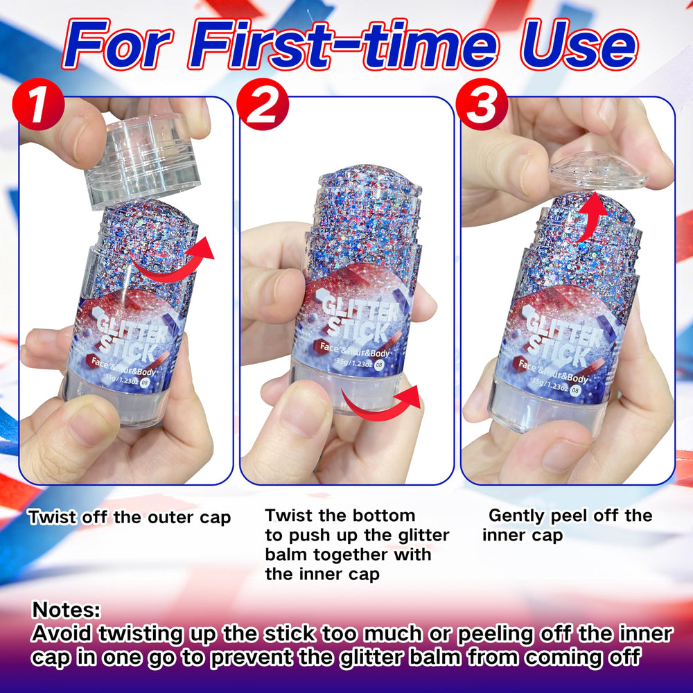 MEICOLY red white blue glitter swiped on arm demonstrating bold tri-color payoff