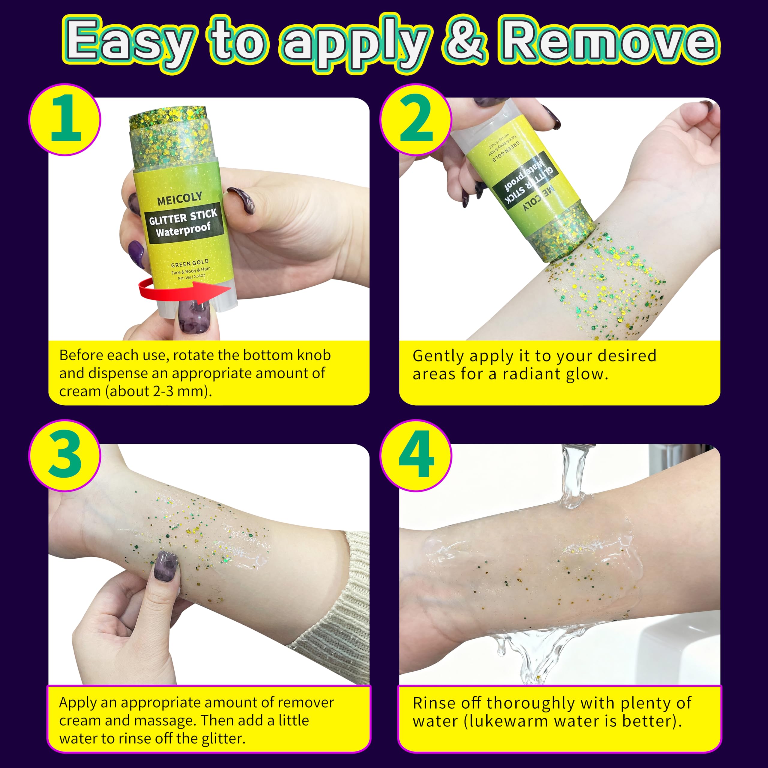 MEICOLY being removed with cleanser showing easy cleanup benefit