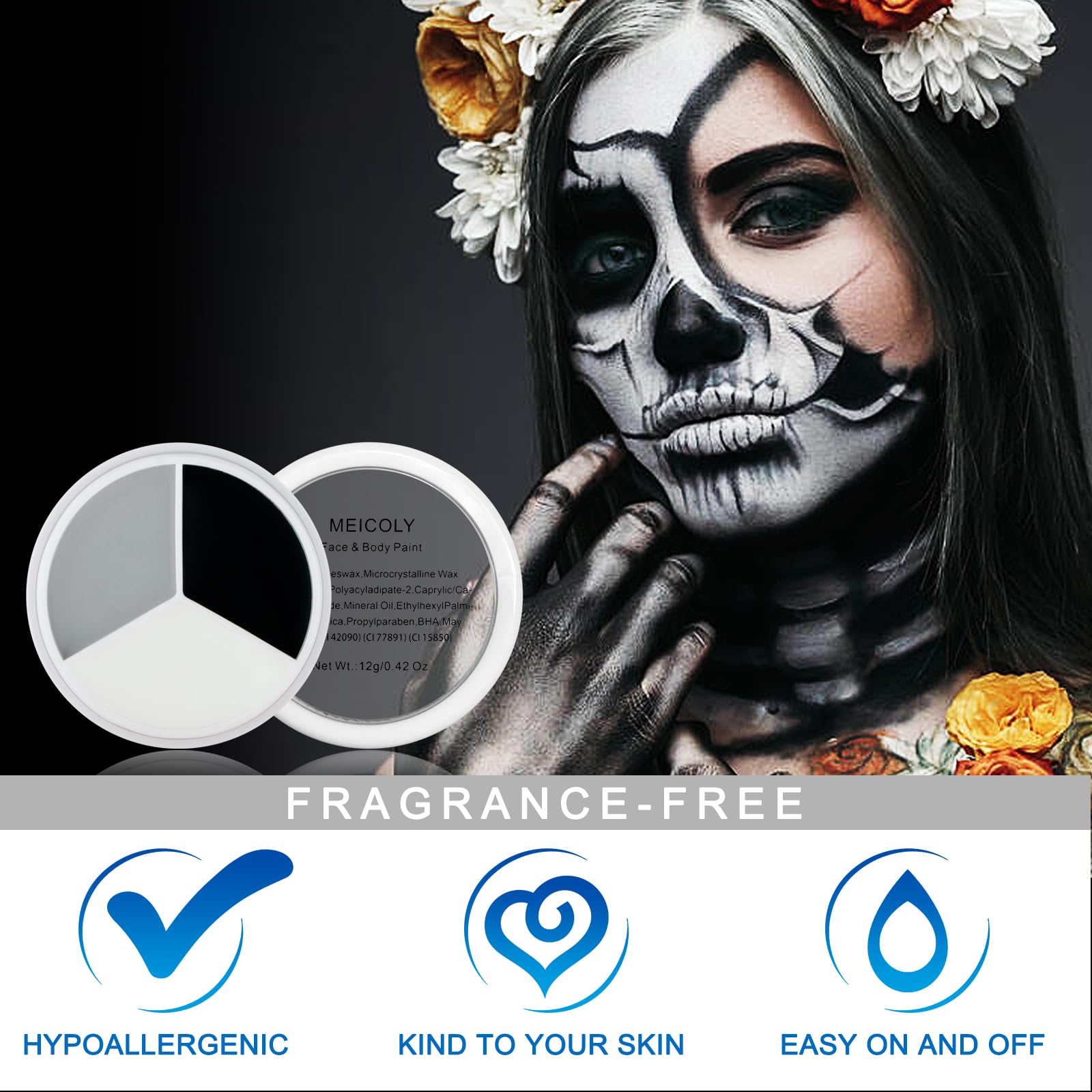 MEICOLY skeleton makeup detail highlighting crisp teeth lines and shaded hollows