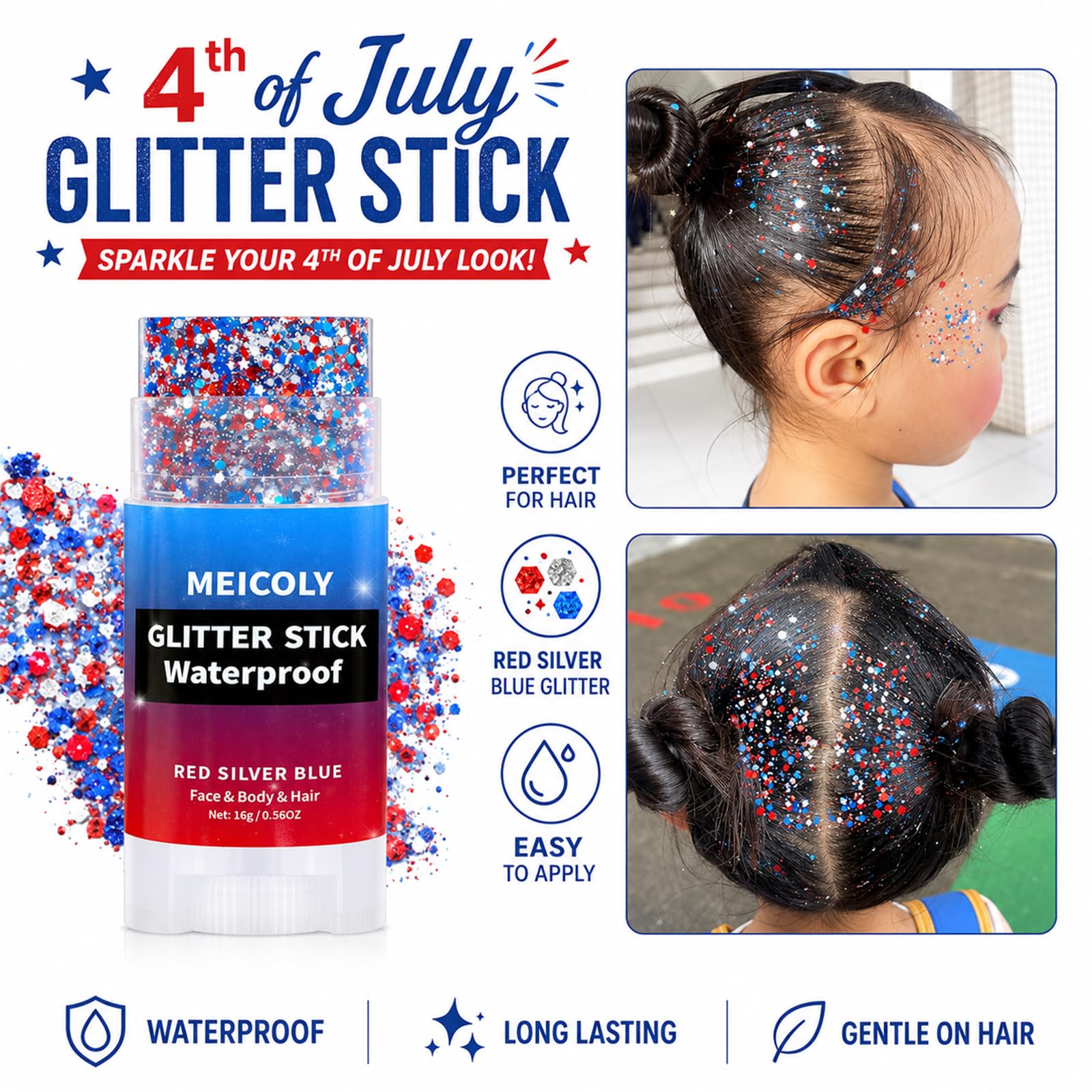 MEICOLY close-up of red white blue star glitter texture offering bold sparkle