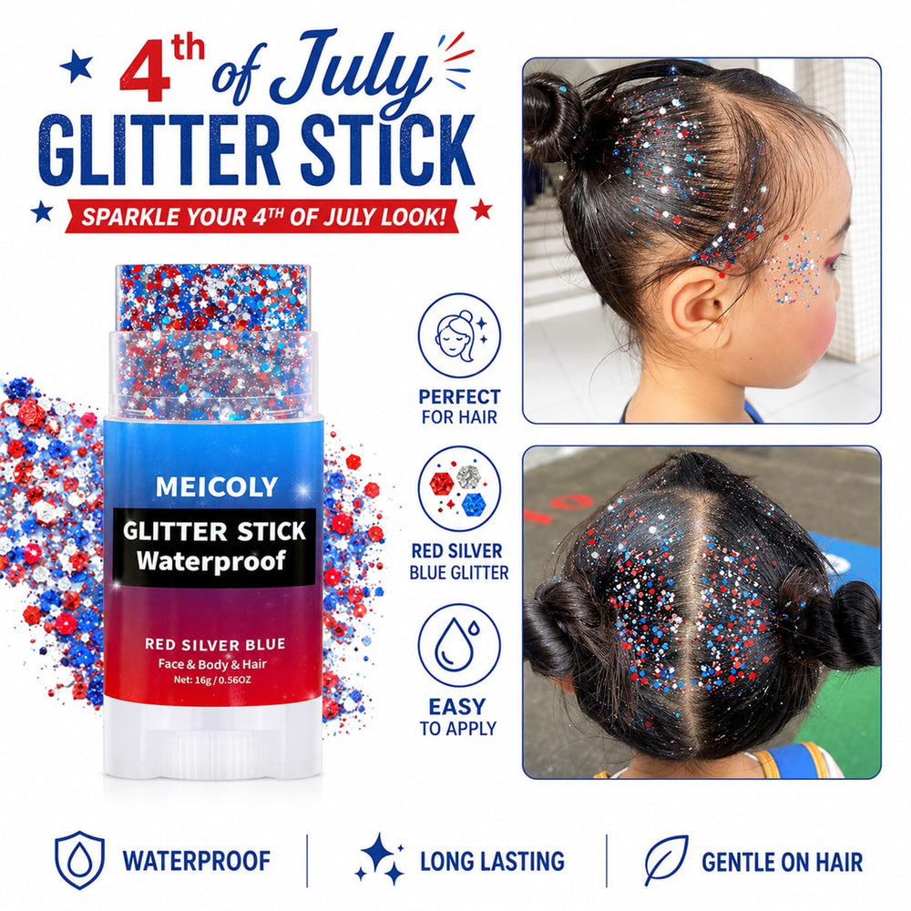 MEICOLY close-up of red white blue star glitter texture offering bold sparkle