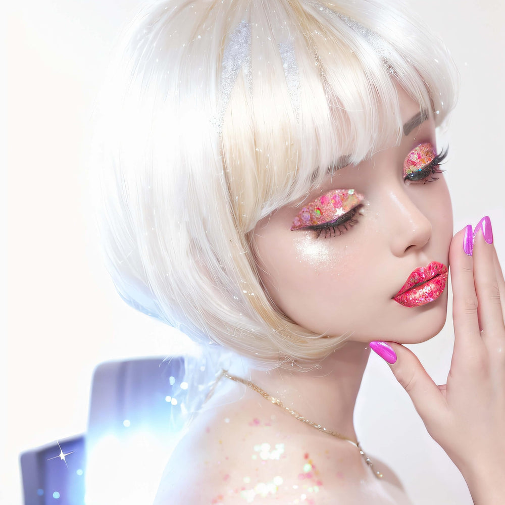 MEICOLY close-up gel texture showing chunky holographic sequins that reflect light