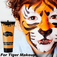 MEICOLY tiger face makeup example illustrating sharp details and vibrant orange