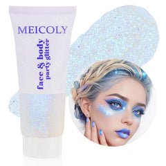 MEICOLY tube front showing sparkling blue gel and clear label, for easy identification