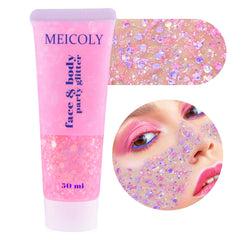 MEICOLY tube front view showing color-changing glitter and easy squeeze applicator benefit