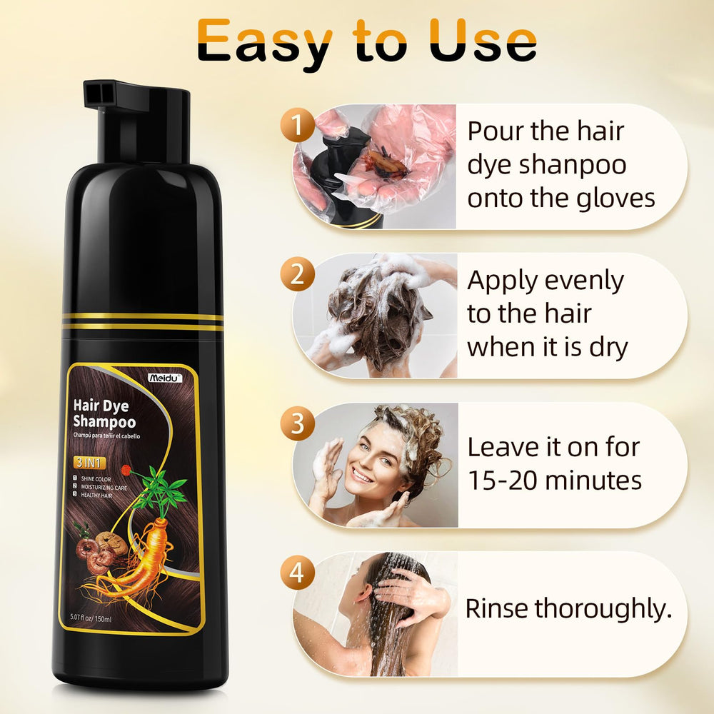 MEIDU applying dye shampoo on hands demonstrating easy use