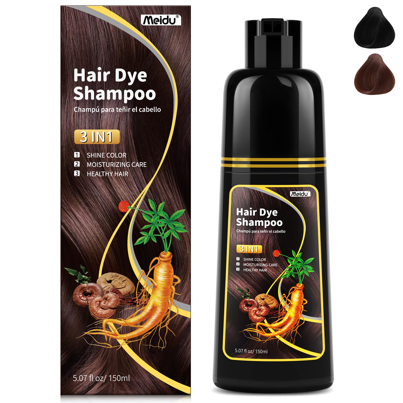 MEIDU front bottle showing dark brown label and product benefit