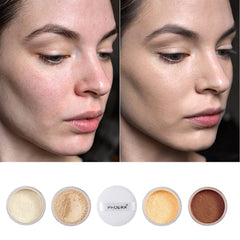 Meifen powder being applied with brush to control shine and set makeup