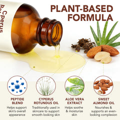 Meifenla close-up of cyperus rotundus and almond oil ingredients for purity