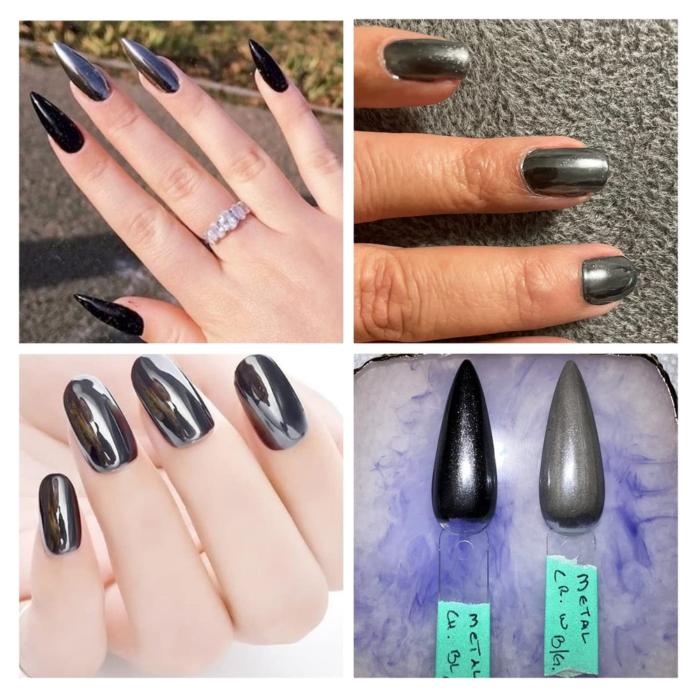 MEILINDS chrome applied on black gel nails producing deep mirror effect benefit