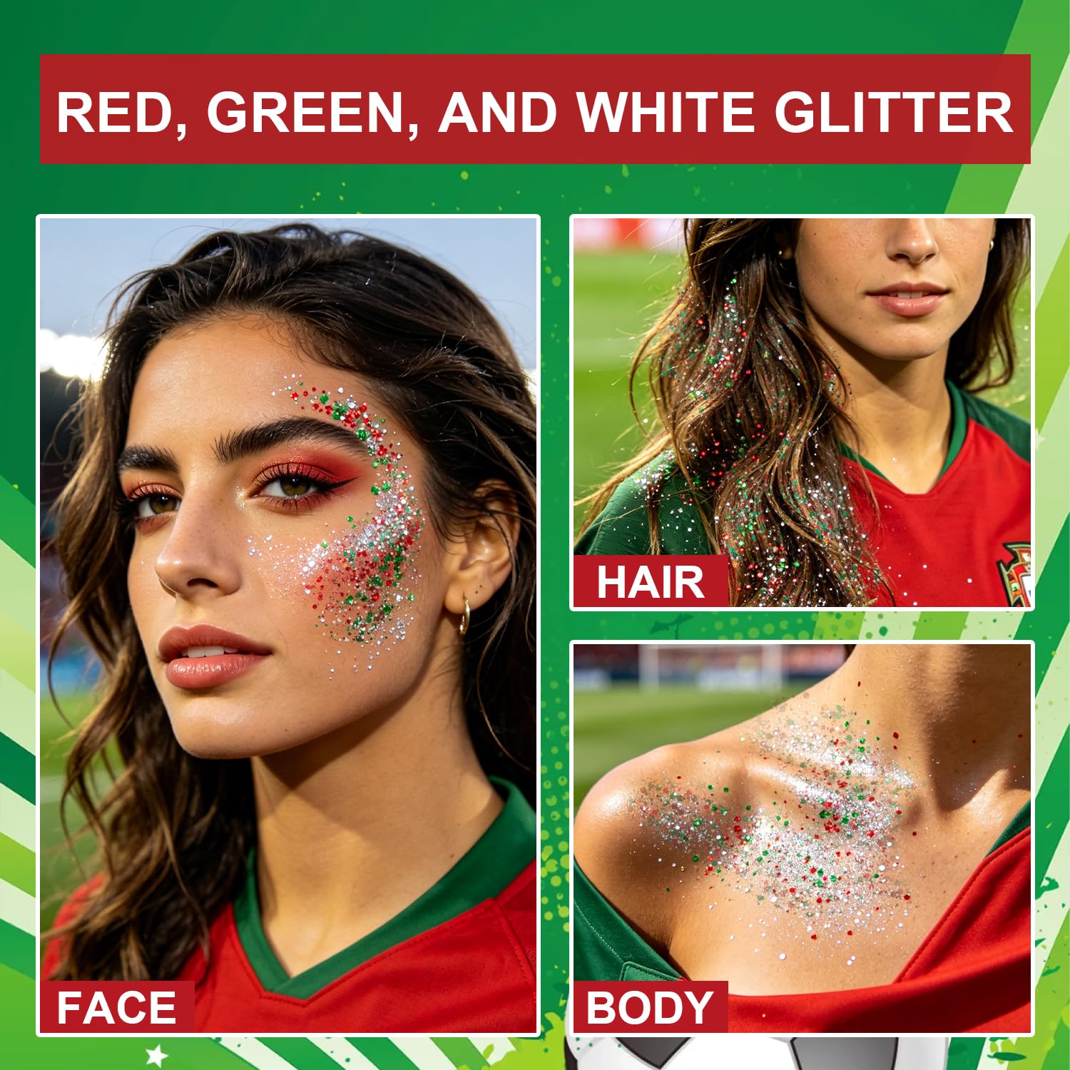 Meilury glitter applied as cheek flag design demonstrating quick game-day styling