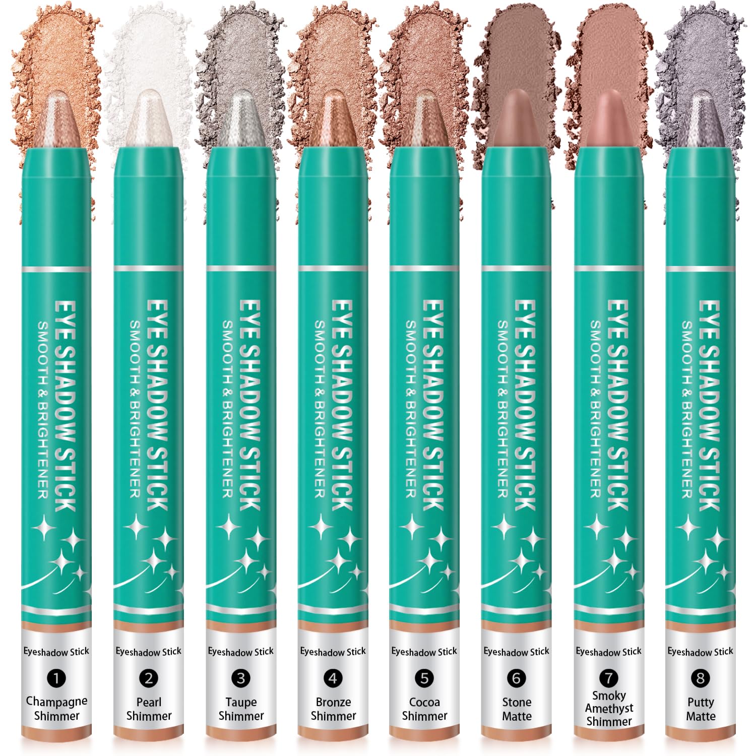 Meilury front packaging showing full 8-piece eyeshadow stick set for convenience