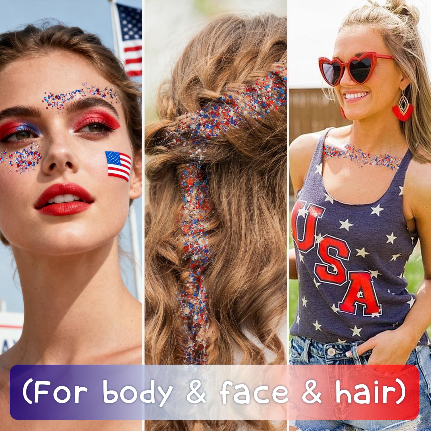Meilury glitter applied at hair roots adding bold patriotic accents