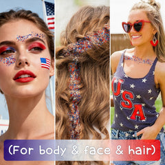 Meilury glitter applied at hair roots adding bold patriotic accents