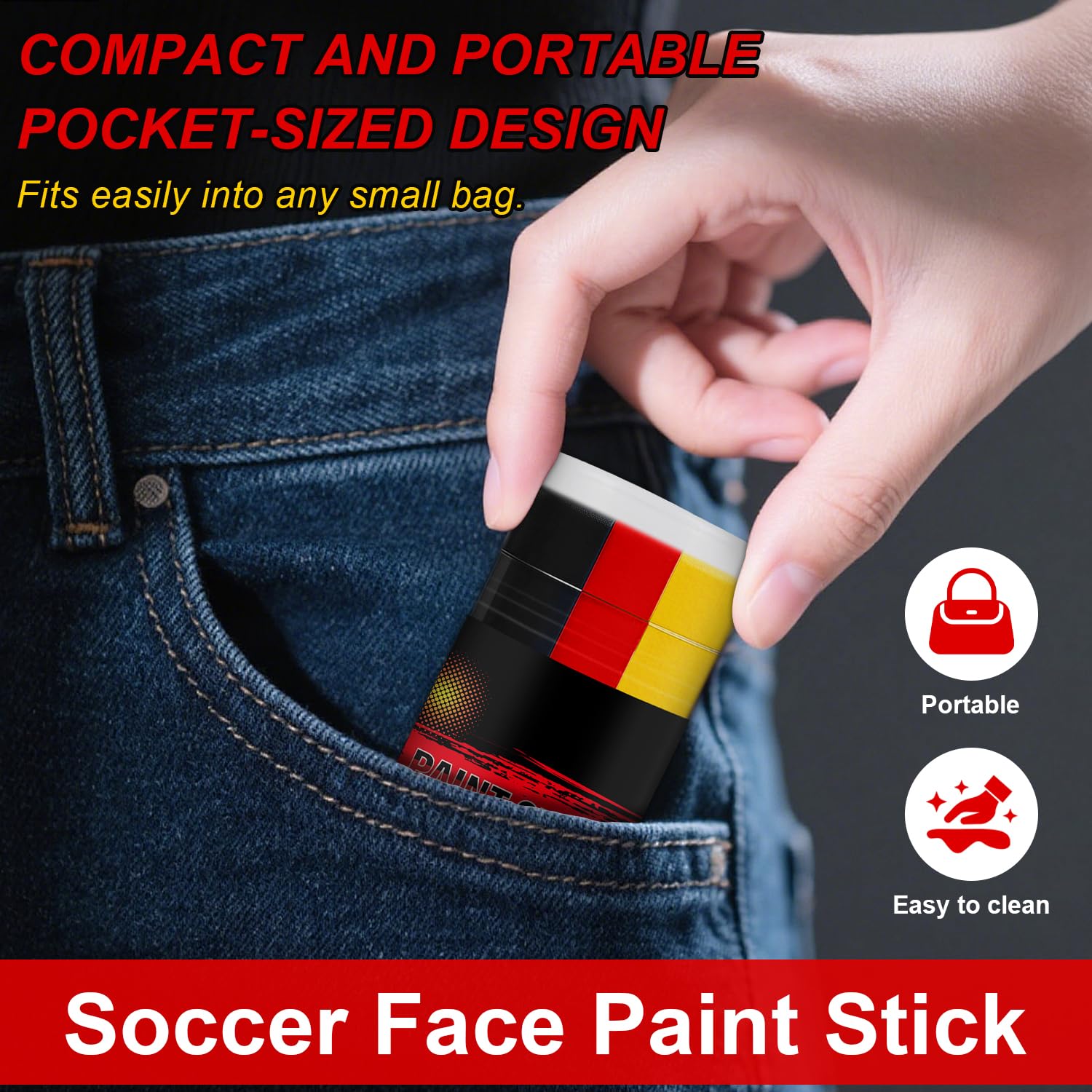 Meilury face paint on Germany fan in stadium showing spirited support benefit