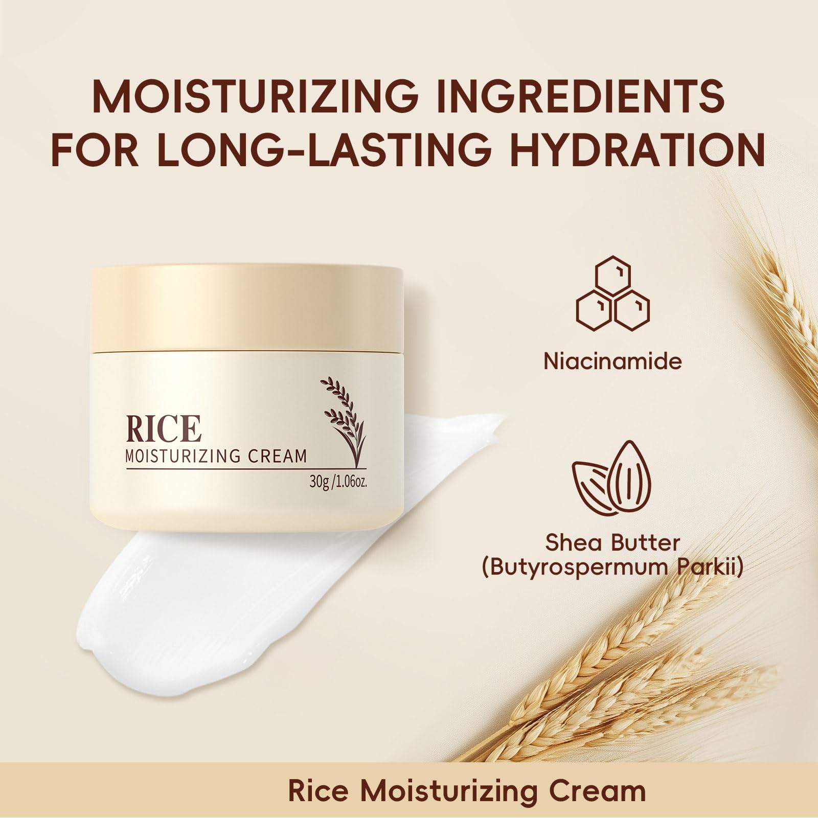 MeiPlumLai rice grains and extract highlighting natural hydration