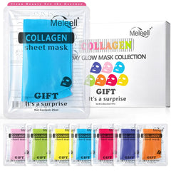 Meleell front packaging showing seven colorful masks and ingredients benefits