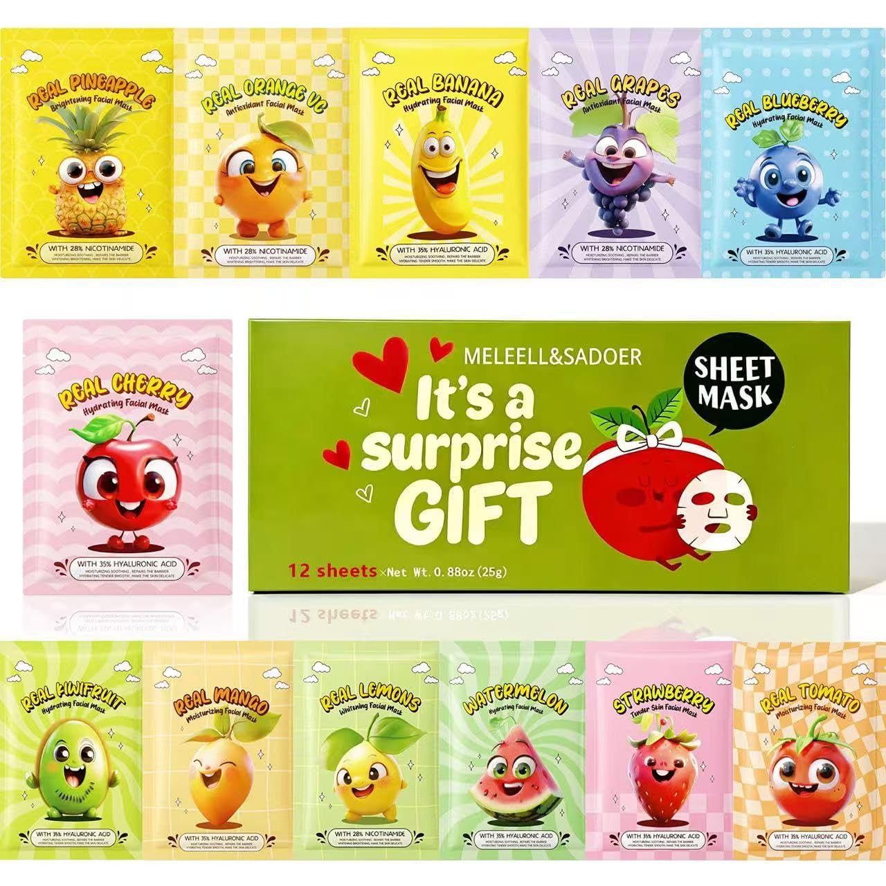 Meleell front packaging showing 12-sheet mask set and variety benefits