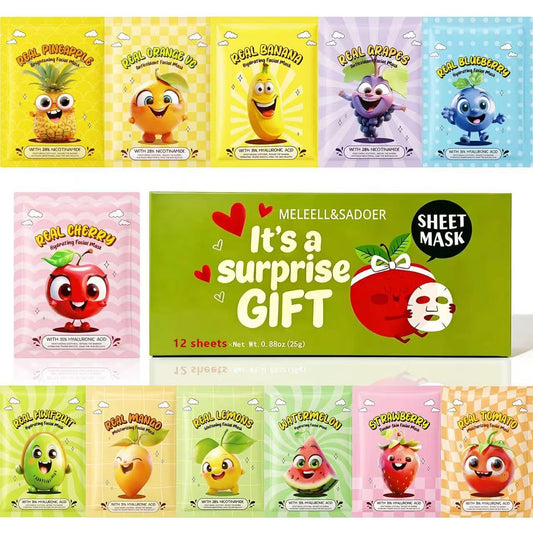 Meleell front packaging showing 12-sheet mask set and variety benefits