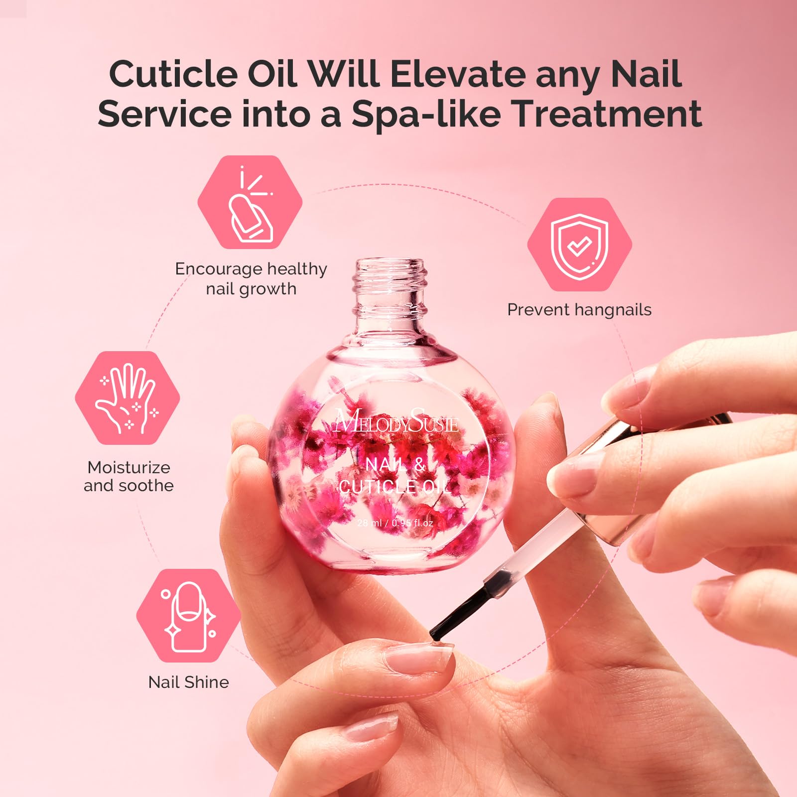 MelodySusie bottle beside manicured hand, supports salon-quality finish