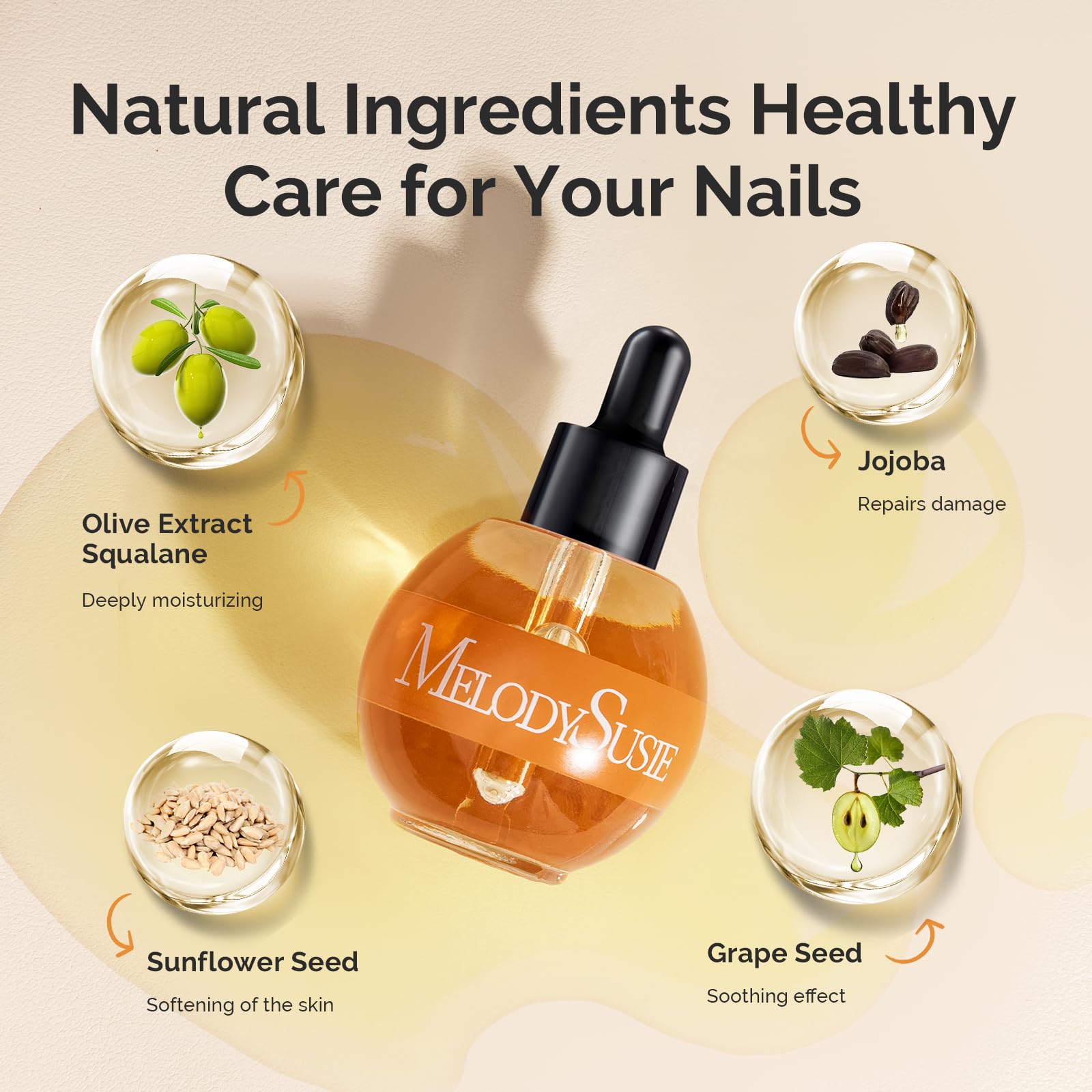 MelodySusie bottle with ingredient icons, highlights olive jojoba grape sunflower