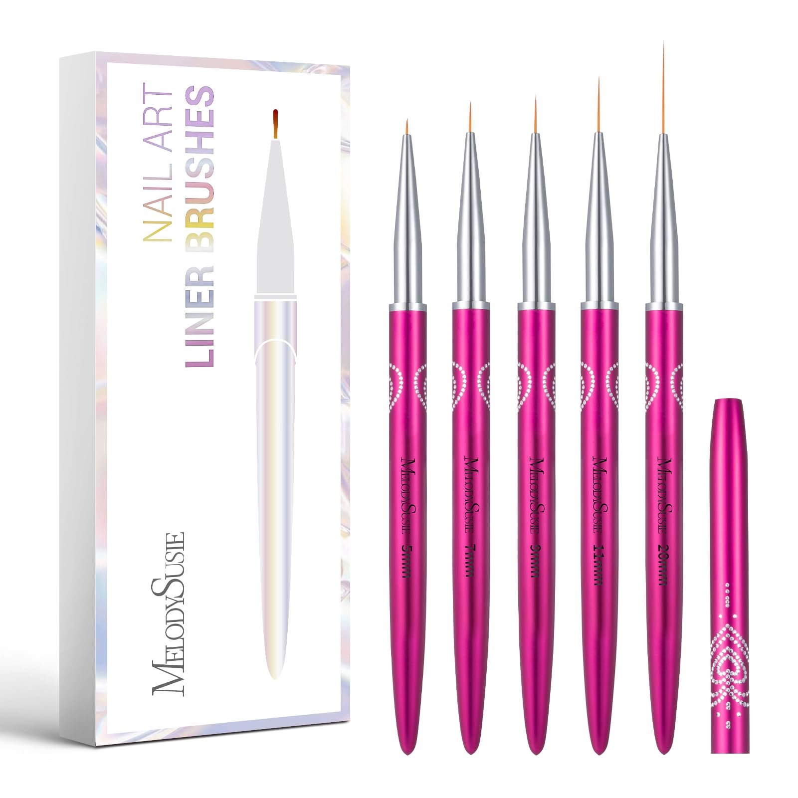 MelodySusie brushes front packaging showing five precision liners and caps for neat storage