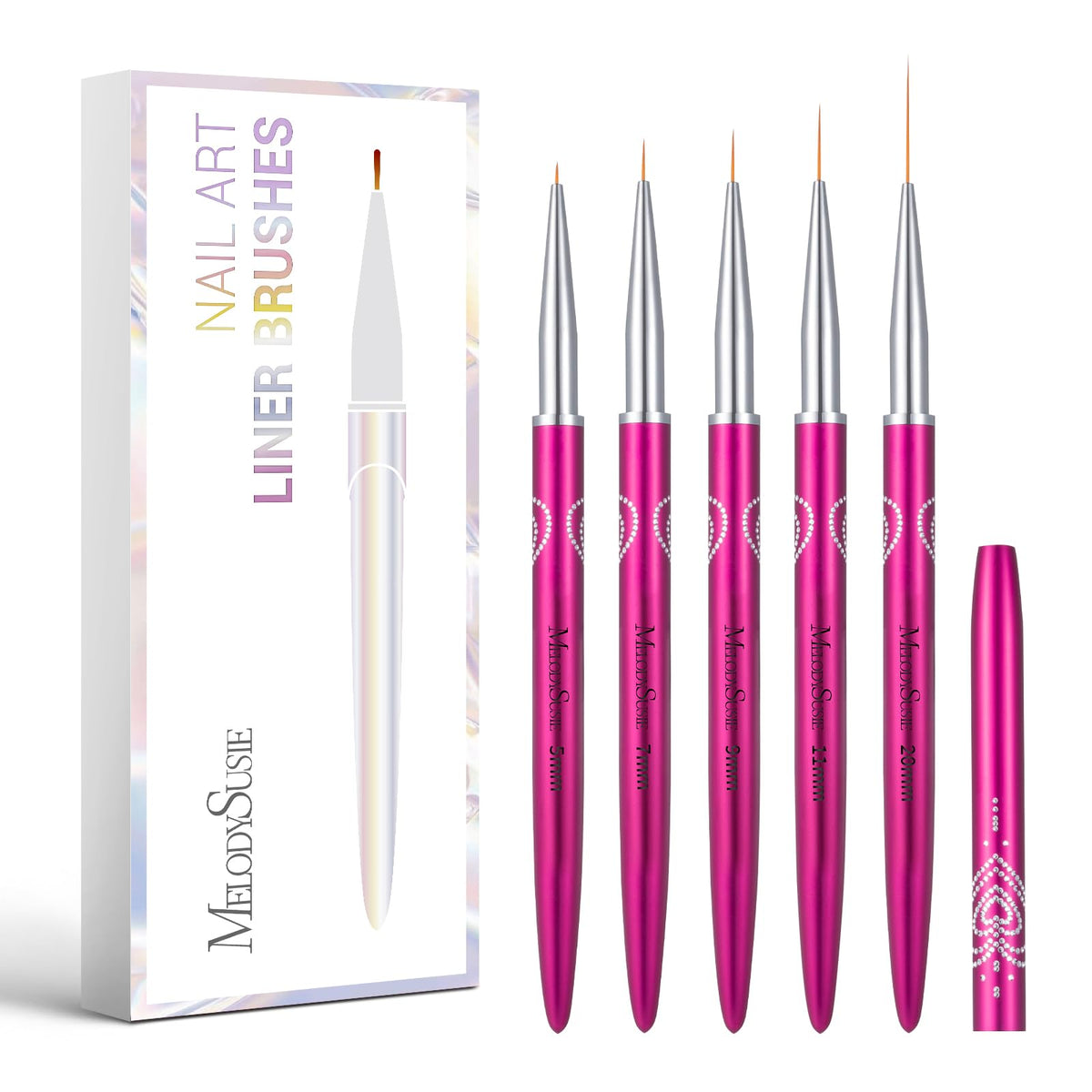 MelodySusie brushes front packaging showing five precision liners and caps for neat storage