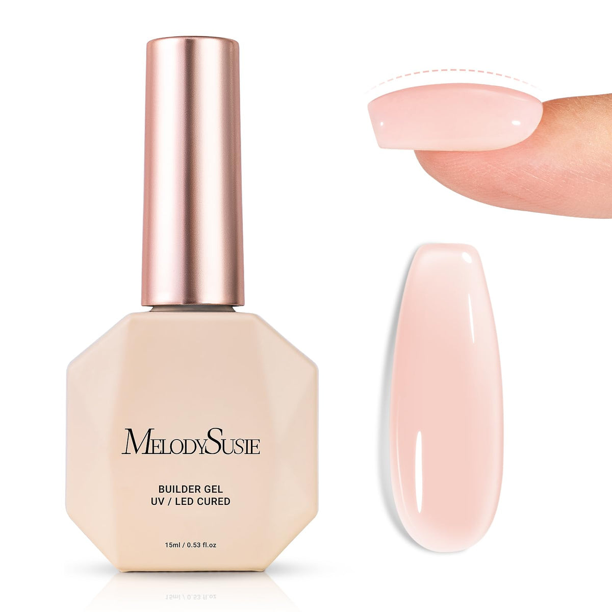 MelodySusie bottle front view showing label and nude builder gel benefit