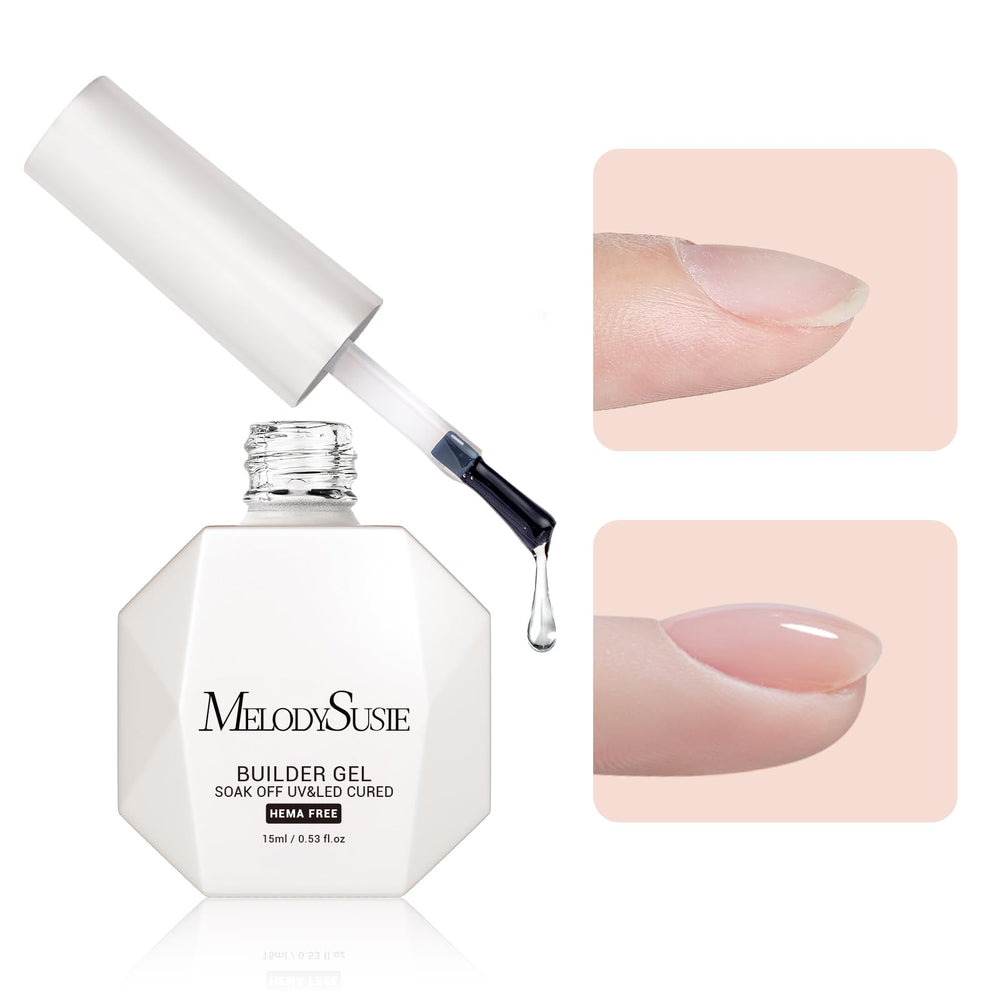 MelodySusie clear builder gel bottle front showing product and benefit of precision