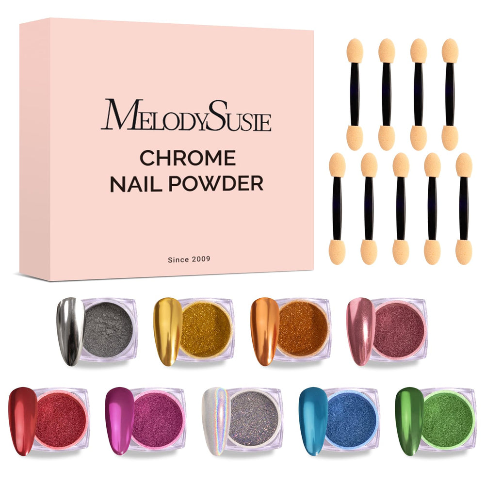 MelodySusie top view of nine chrome powder pots showing full color range and portability