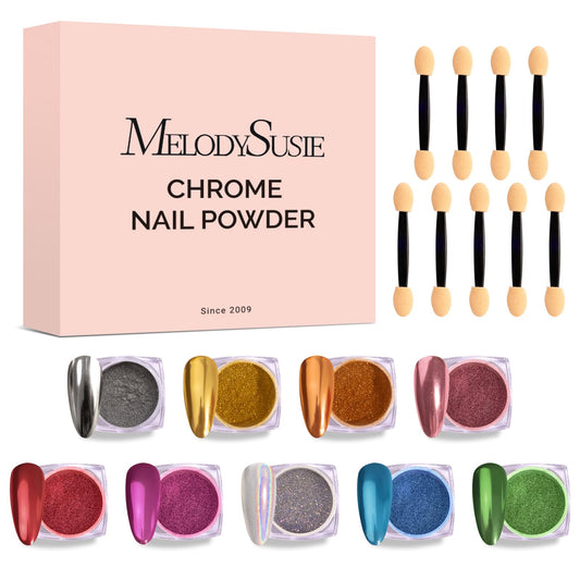 MelodySusie top view of nine chrome powder pots showing full color range and portability