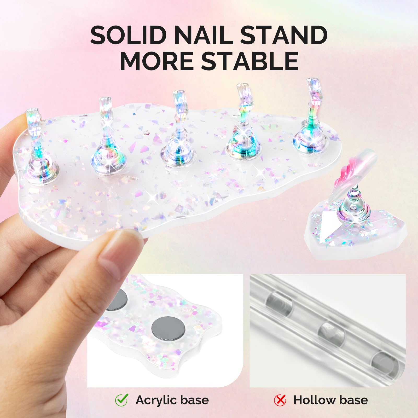 Detail of clear MelodySusie acrylic nail stand, provides steady upright support
