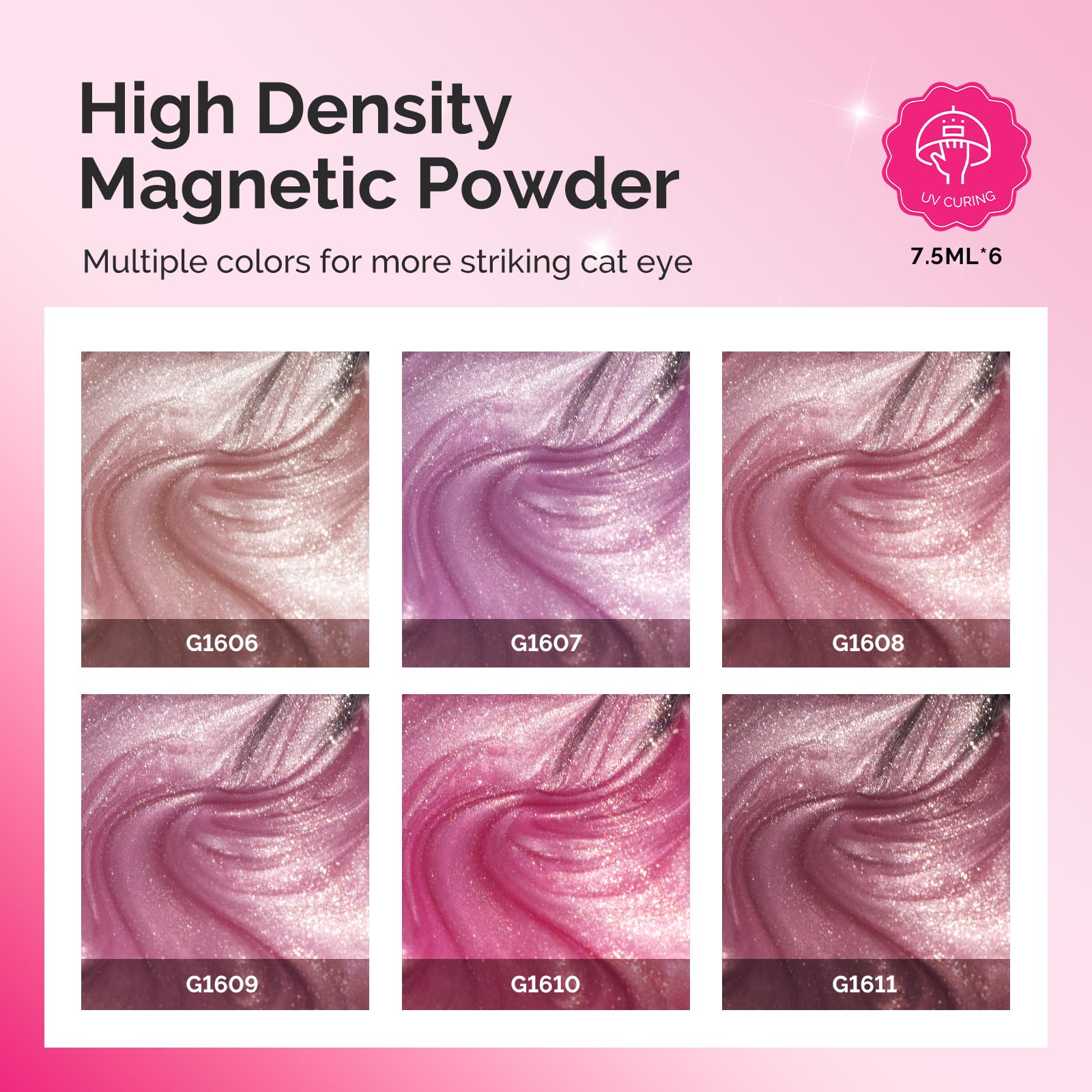 MelodySusie colorful gel bottles lined up to show included holographic shades and variety